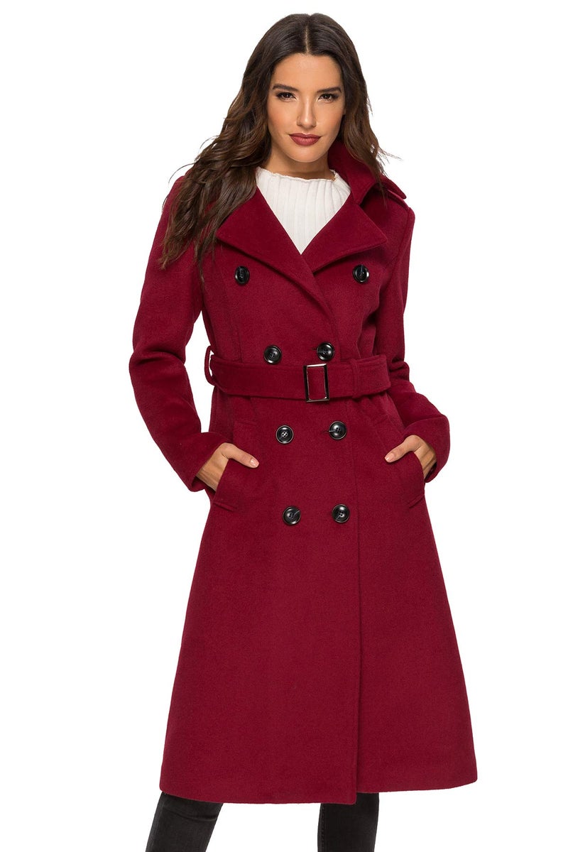 Escalier Womens Wool Coat Double Breasted Pea Coat Winter Long Trench Coat with Belt Wine Red S - Image 1